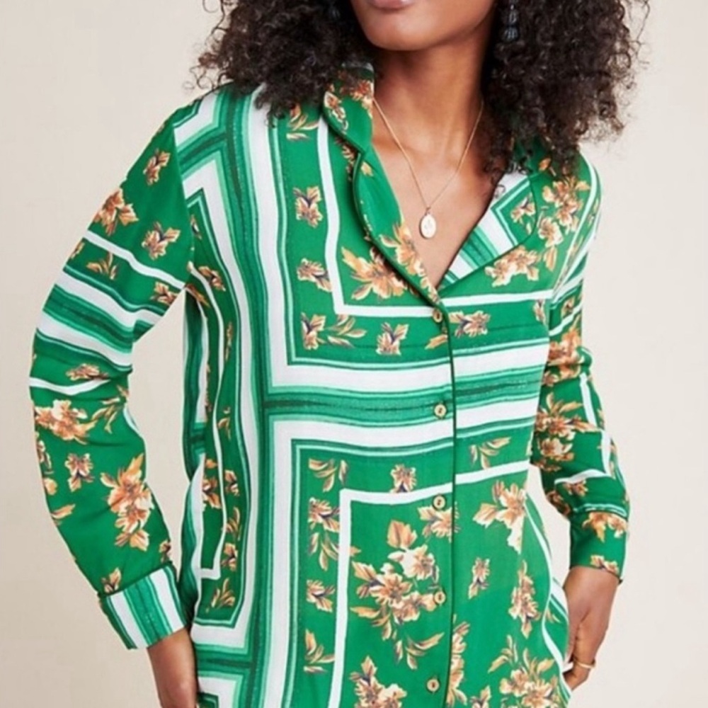 Anthropologie Green Floral Blouse NWT